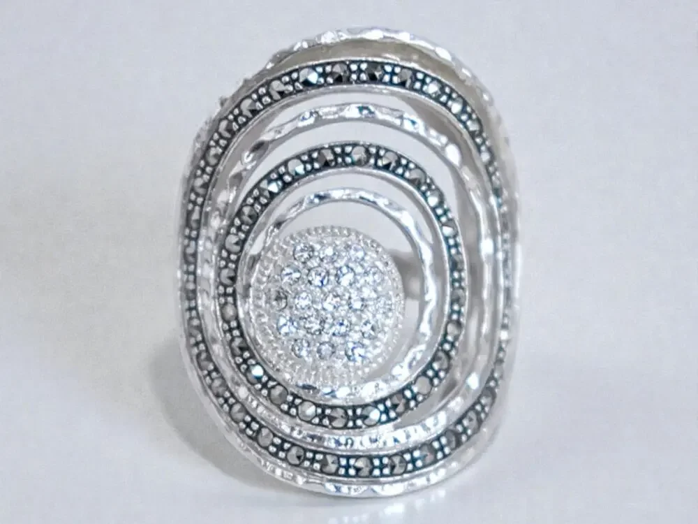Sterling Silver 925 Spiral Statement Ring Cubic Zirconia Marcasite Size 6